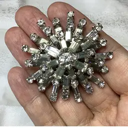 Silver Tone Clear Rhinestones Starburst Brooch 2”