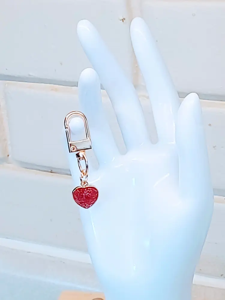 ROSE PINK GLITTER ENAMEL HEART & BRASS BAG CHARM OR ZIPPER PULL CHARM