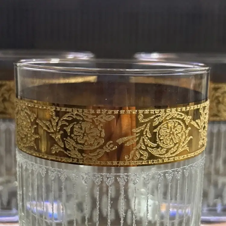 Culver Tyrol Lowball Glasses Set of 3 22K Gold Etched Vintage MCM Barware