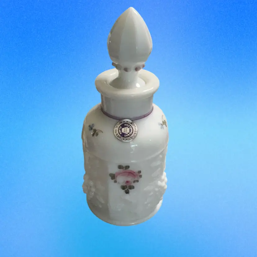Vintage Westmoreland hand-painted milk glass perfume bottle with grape clusters.