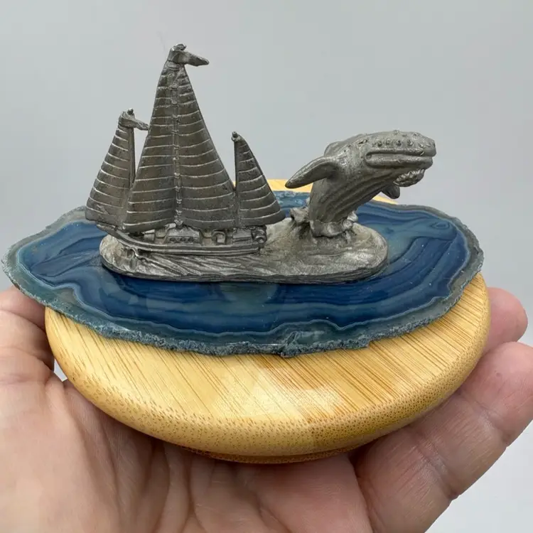 Pewter Sailboat With Whale On Agate Slice