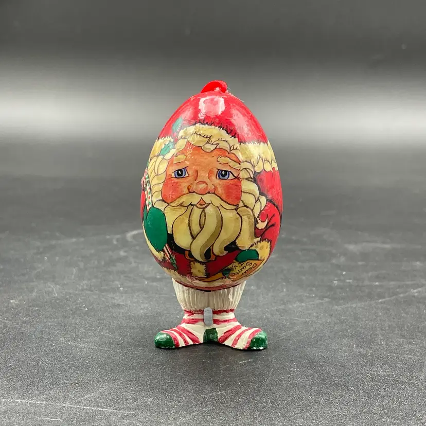 Decoupaged Paper Mache Santa Claus Hanging Christmas Ornament Holiday Decor