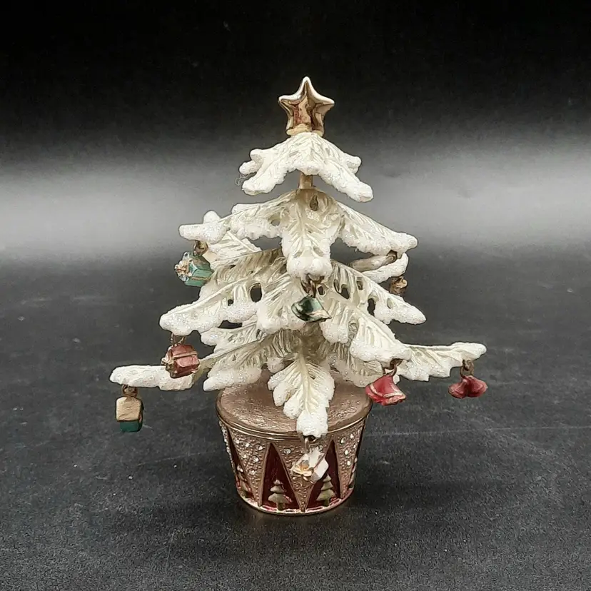 Nobility Enameled Metal Flocked Christmas Tree with Ornaments Magnetic Lid Trinket Box