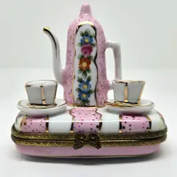 Vintage Porcelain Hinged Pill Box Miniature Tea Set, Pink & White, Flowers