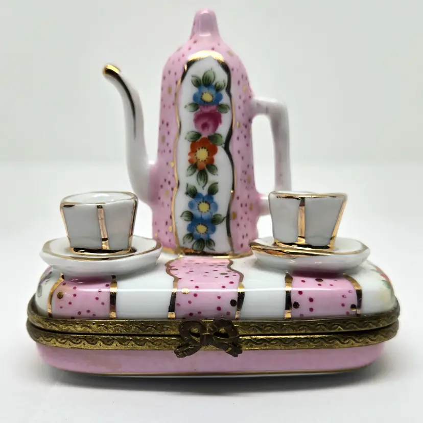 Vintage Porcelain Hinged Pill Box Miniature Tea Set, Pink & White, Flowers