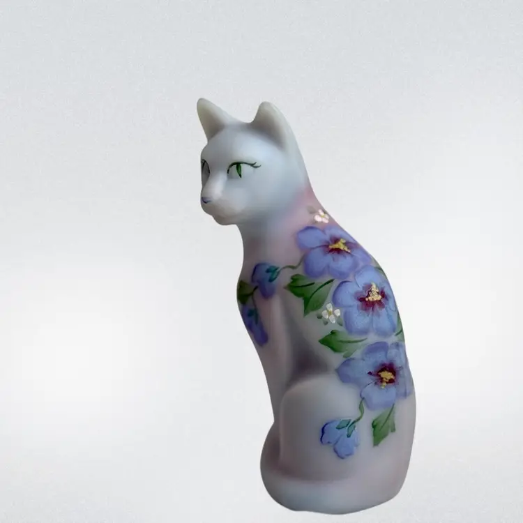 Fenton Satin Glass Hand Painted Blue Burmese  Cat 95th Anniversary Limited Edition #2181/4750 Signed M Raddish
5”T x 2-1/4” L x 2” W