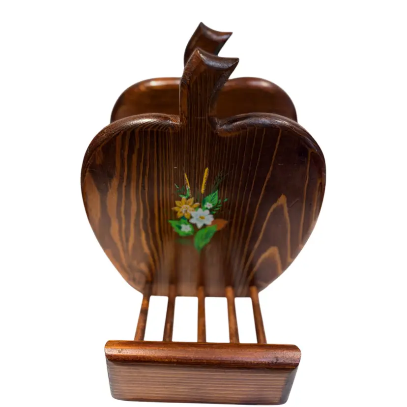 1970s Wooden Apple Kitchen Organizer & Cookbook/tablet Stand - Hand Painted- 8.25” Tall, 8” Wide
