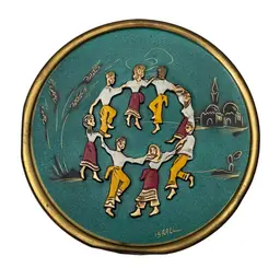 Vintage Judaica Brass Wall Plate Enamel Israel Hora Dancers 3D Wall Hanging 8"