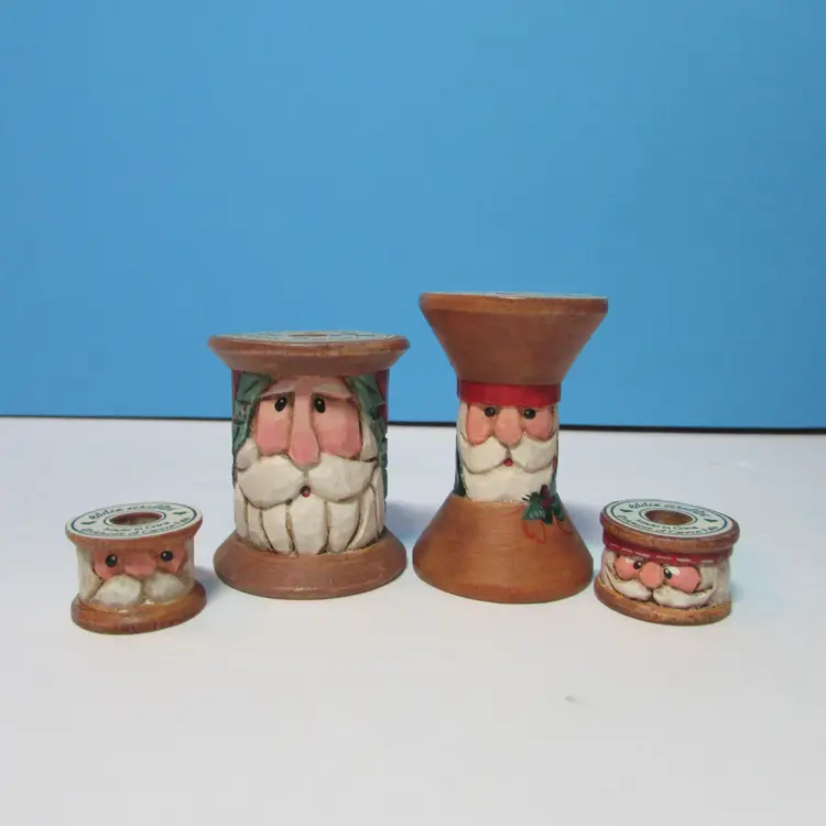 lot of 4 vintage Eddie Walker Sew Sweet carved Santa spools and bobbins Christmas craft room decor