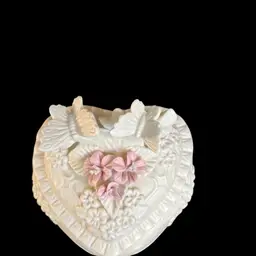 Heart Shaped Ceramic or Porcelain Trinket Box w/ Sculpted Flowers & Butterflies
