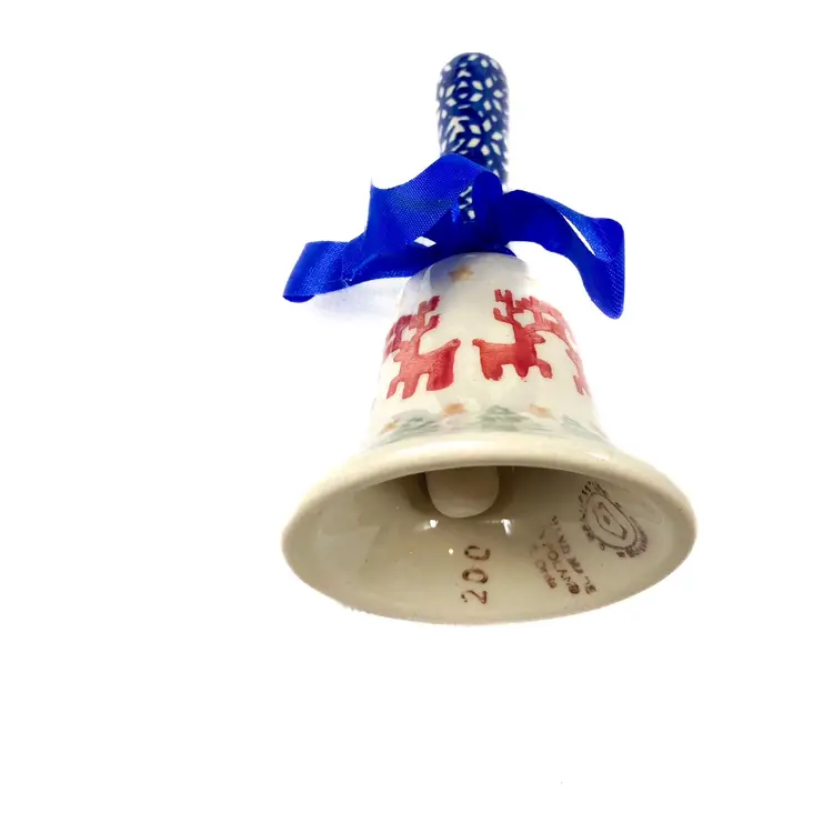 Prancing Reindeer Polish pottery Porcelain bell hand crafted painted with ribbon