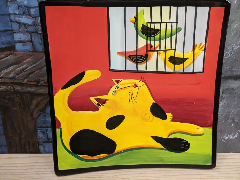 Mary Naylor Design Orange Cat Birds Birdcage Hand Painted Hanging Wall Decor Plate colorful