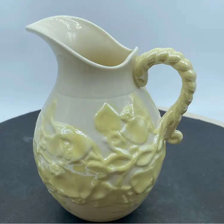 #1325 Irish Belleek Irish Porcelain Iridescent Yellow Embossed Ivy and Berries Cream Pitcher