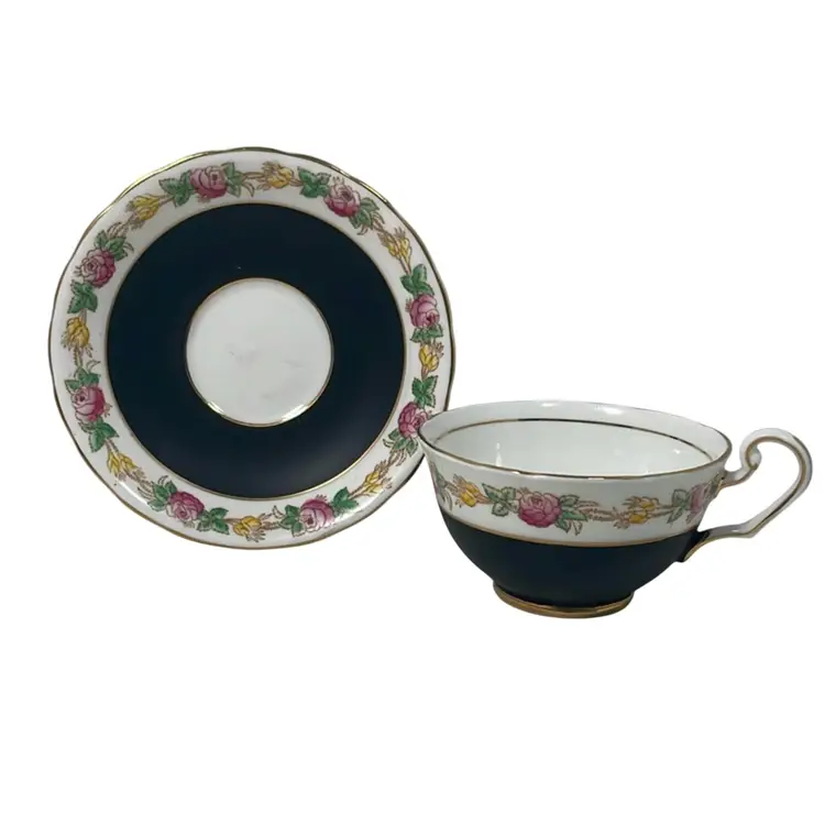 Black Satin Floral Bone China Teacup & Saucer