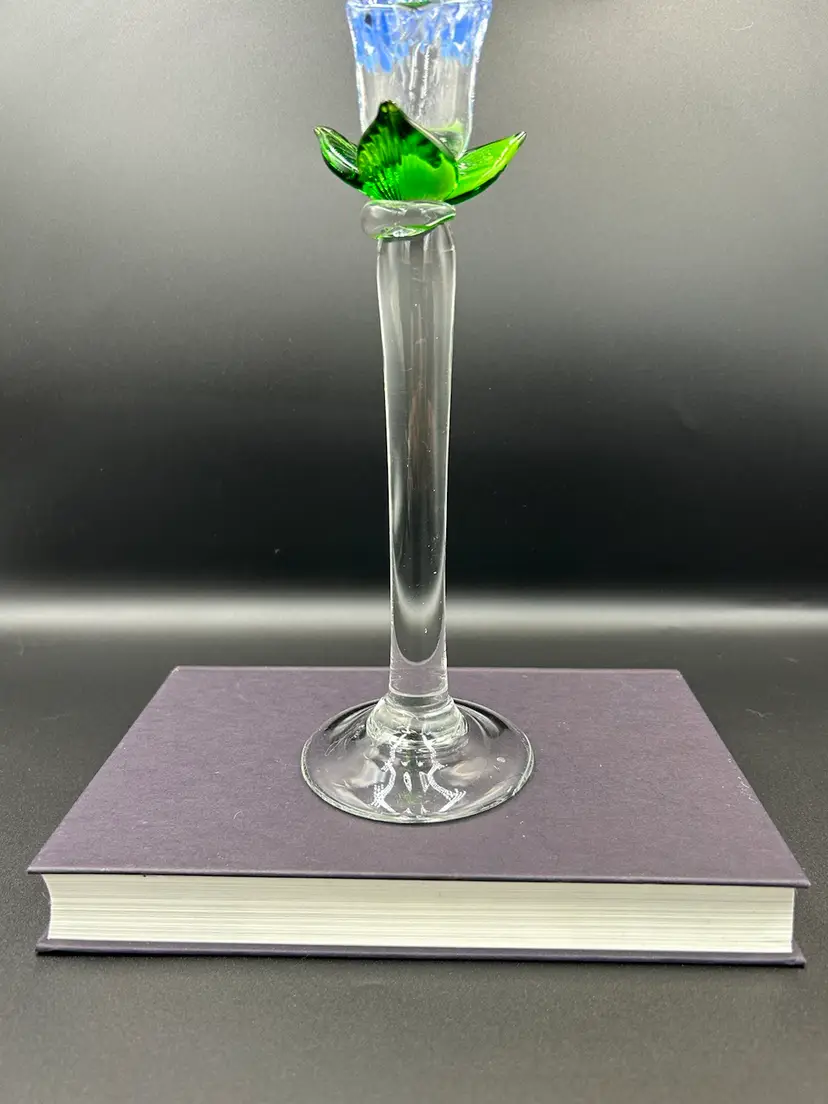 VTG Art Glass Calla Lilly Candle Stick Hand Blown Italian Blue & Green