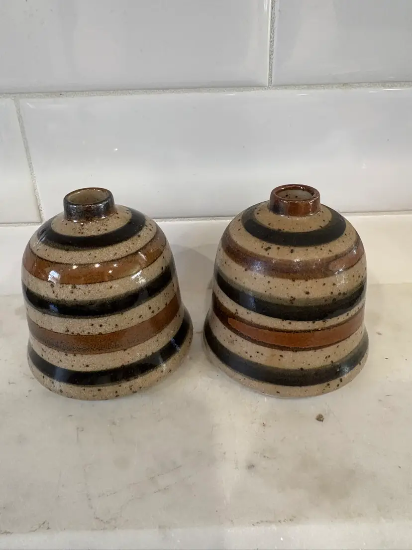 Vintage Japan Brown Stripe Stoneware Pottery Small Bud Vase Set Of 2