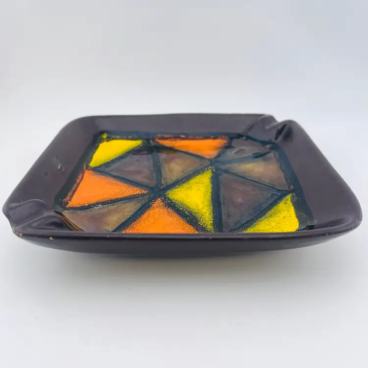 Vintage Midcentury  Bitossi Italy Aldo Londi “Vetrata” Geometric Orange Yellow Brown Ashtray 7.25”READ