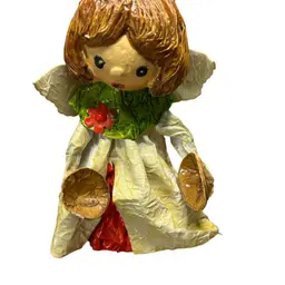 Vintage Paper Mache Figure Angel Playing Cymbals “As Is” Some Damage @8” Tall