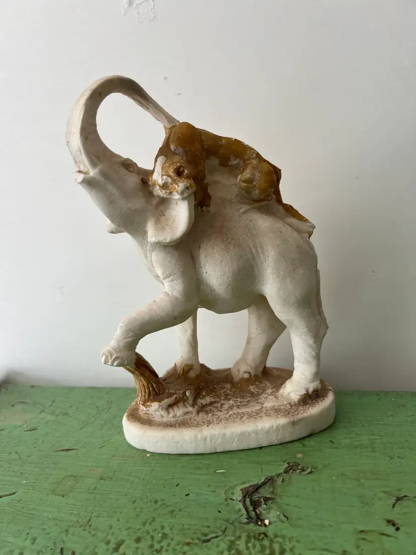 Elephant and Lion Antique Marble Statue. 8" Tall. Unusual! Read Listing