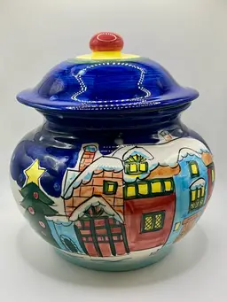 Vintage World Bazaars Christmas Cookie Jar W Lid 8" Tall 7" Wide
