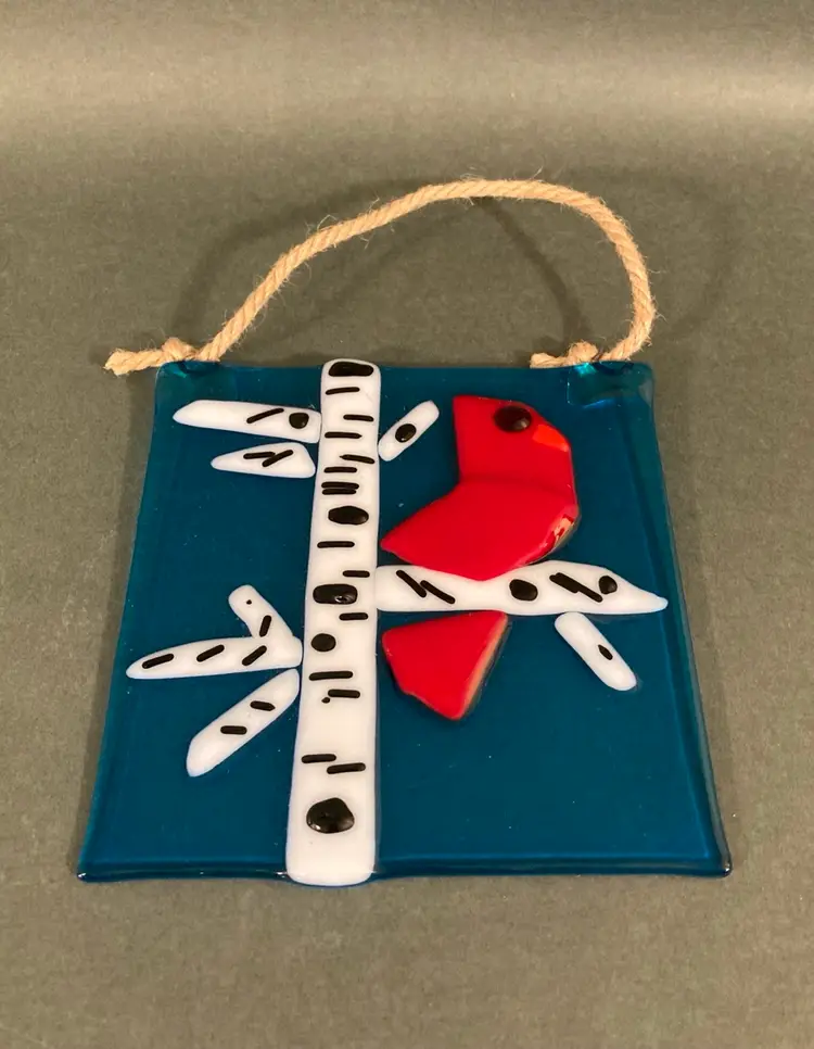 Fused Glass Suncatcher Cardinal Birch Trees