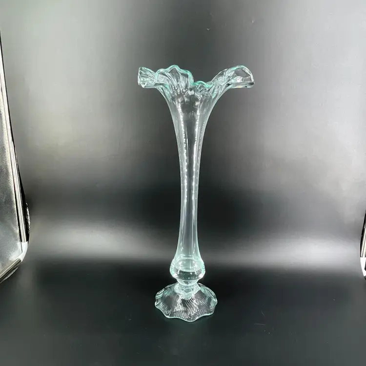 Hand Blown Heavy Glass 18" Vase Flared Crimped Ruffled