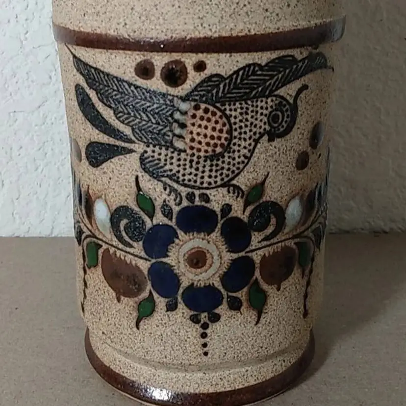 POW1 Signed NETZI Stoneware MUG Mexico 80s HAND PAINTED Pottery with Bird and Flower Large Mug