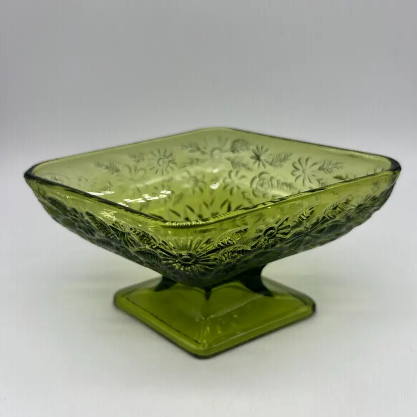 Vintage Indiana Glass Green Pedestal Diamond Shaped Candy Dish