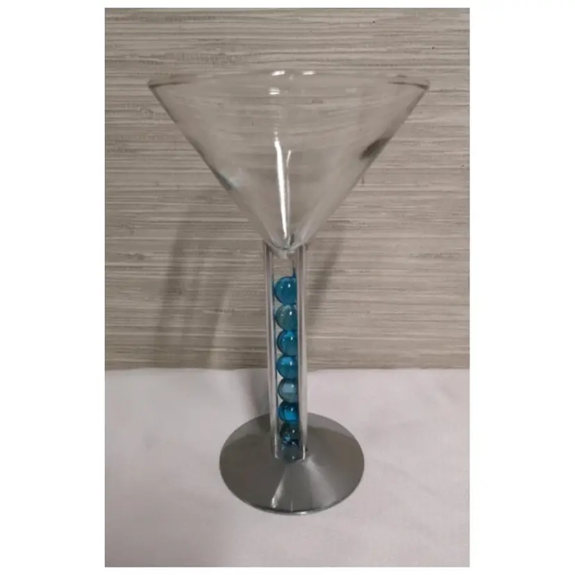 Vintage 1999 Bombay Sapphire Martini Art Glass - Signed - Loose Blue Beads In Triple Stem