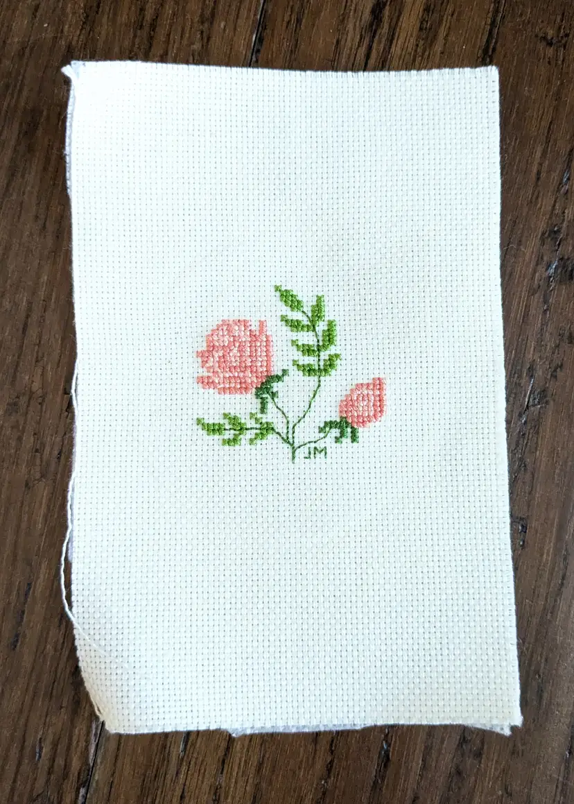 Vintage Cross Stitch Pink Flower Miniature Square Unframed
