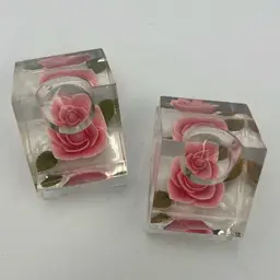 Vintage Lucite Bircraft Wedge Rose Candle Holders (2) 2.5”x 2.25”x 2.25”