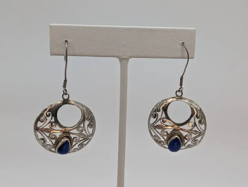 Vintage 925 Sterling Silver Handmade Earrings Scrollwork With Lapis Stone...