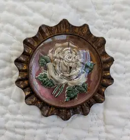 Antique Goofus Glass Brooch with Rose, C-clasp
