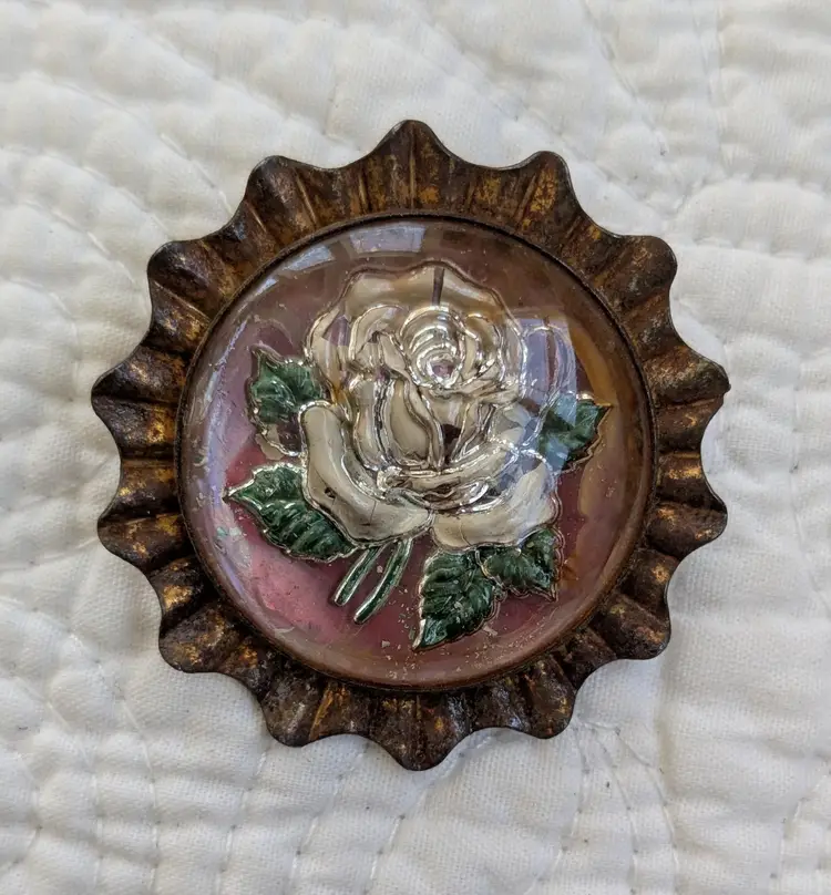 Antique Goofus Glass Brooch with Rose, C-clasp