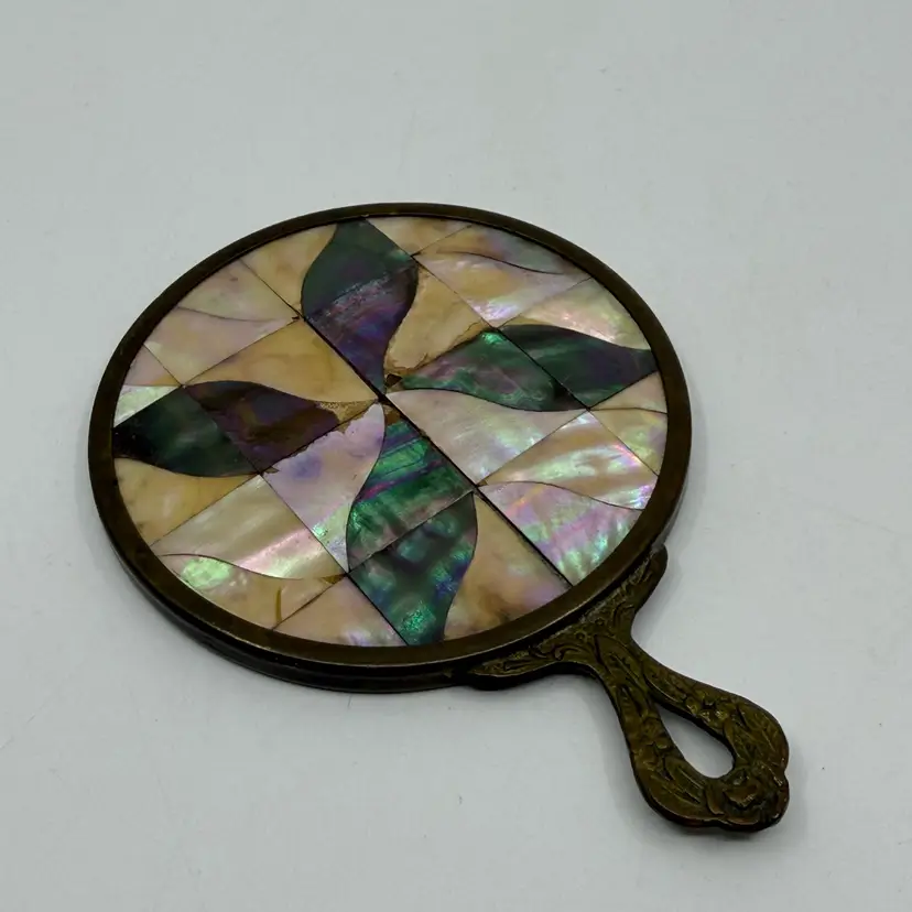 Vintage Brass & Abalone Shell Small Hand Purse Mirror