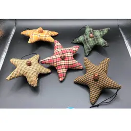 Lot of 5 Primitive Plaid Stars and Rusty Bells On Both Sides Ornaments Handmade