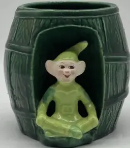 Vintage Treasure Craft Lime Green Pixie Elf Barrel Planter Kitschy MCM Fantasy