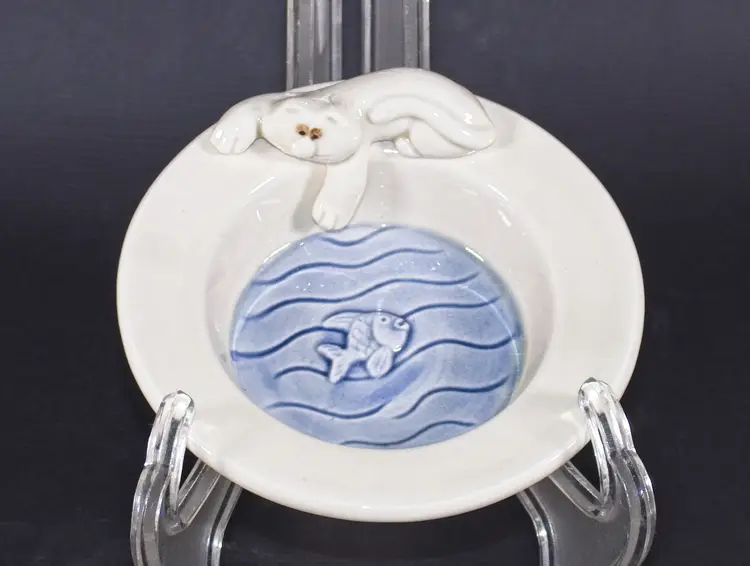 Vintage Fitz and Floyd Cat-Fish Bowl Porcelain 4.75" Diameter 1972
