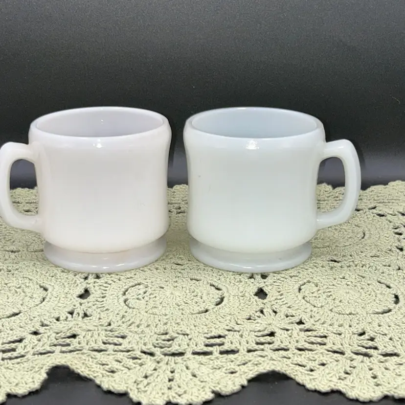 Vintage Pair Of Anchor Hocking Milk Glass Shaving Mugs with Raised Hobnails Inside