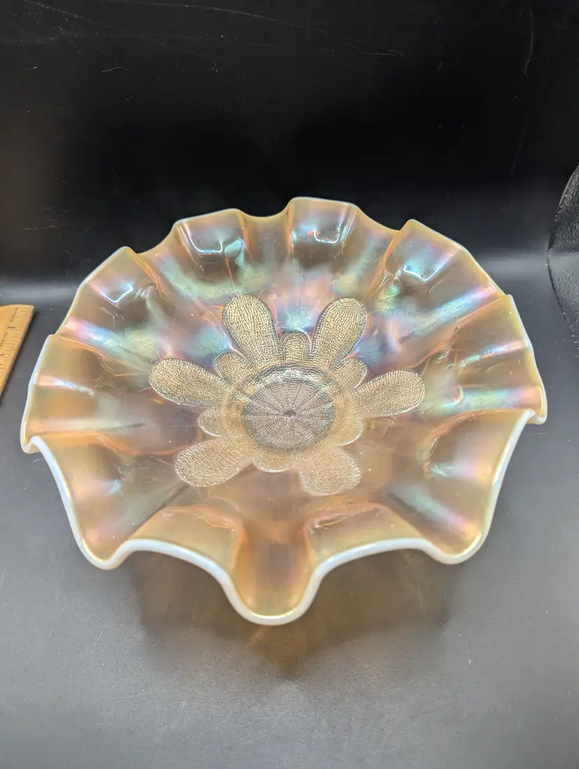 Antique Dugan Stippled Petals Enameled Violet Pedestal Bowl Peach Opalescent