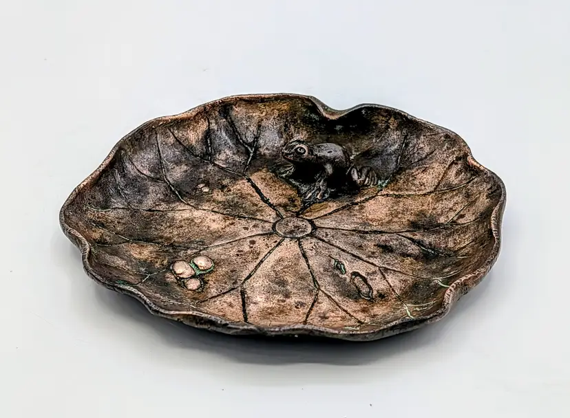 Vintage Frog Lily Pad Trinket Dish Bronze Tone Signed 4.5"