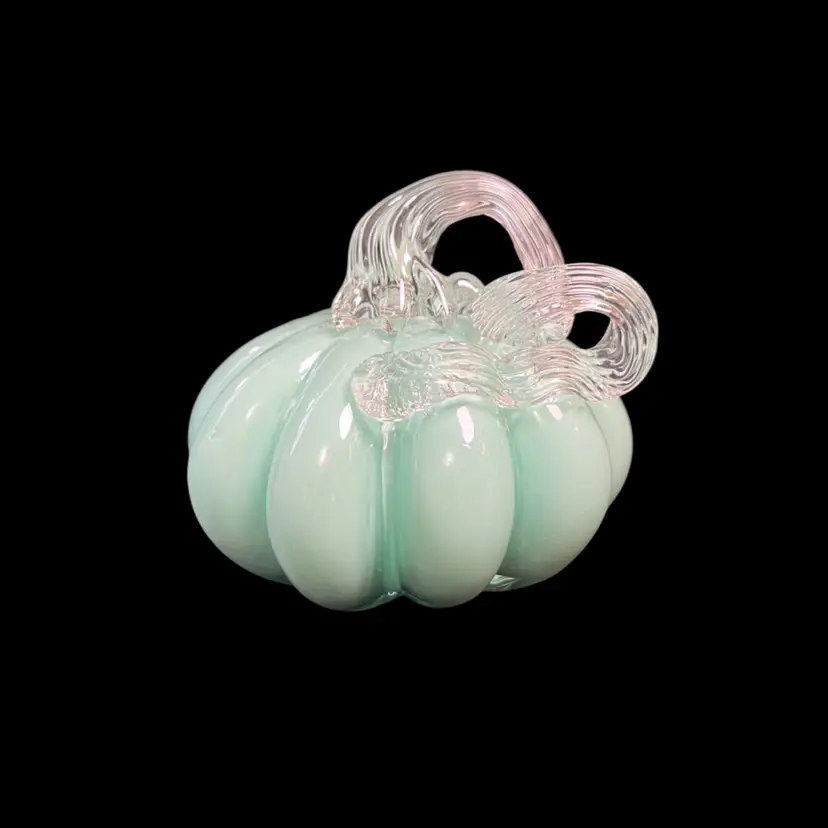 Art Glass Sea Foam Green Pumpkin w/ Applied Clear Glass Stem-4" Diameter