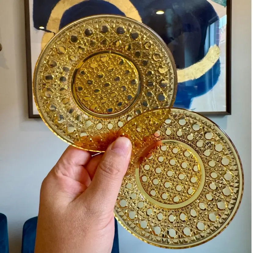 4.5” two vintage amber glass dish with a intricate geometric pattern