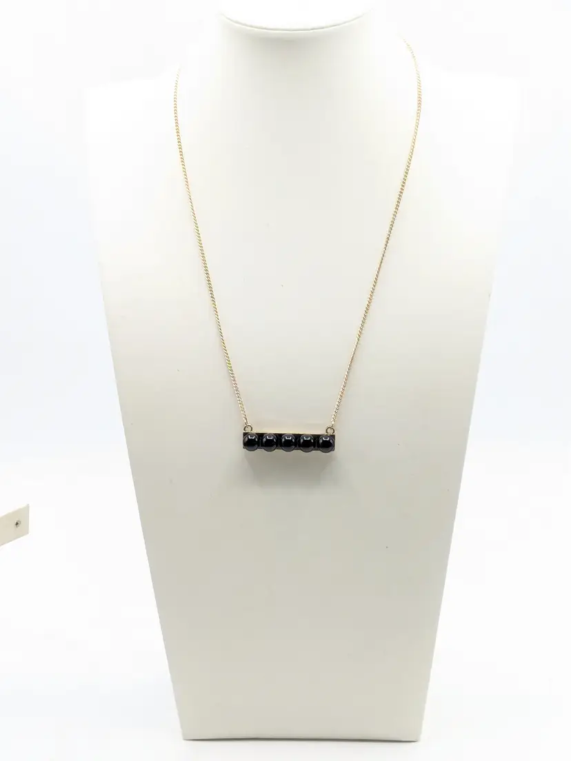 Gold Tone Necklace with Black Bead Bar Pendant