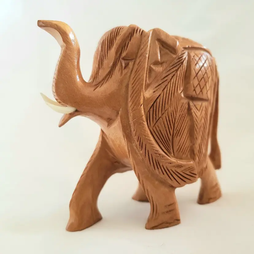 Elephant Wooden Figurine Trunk Up Carved Sculpture Wood Unbranded 3" x 3" READ