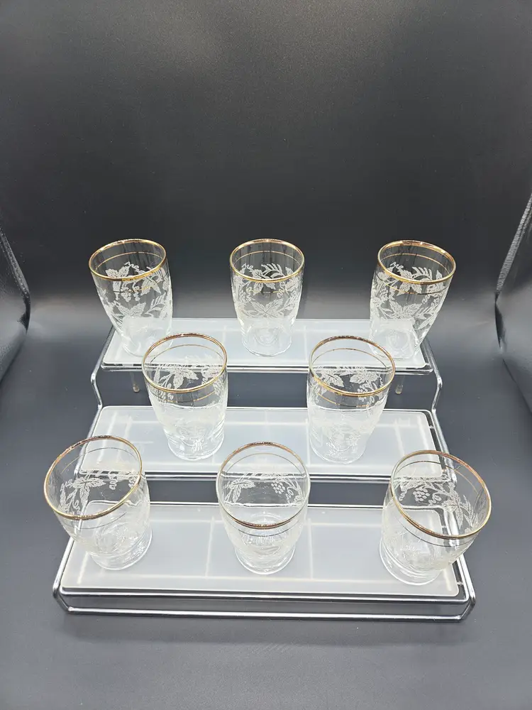 Vtg Bartlett Collins 806 Clear Gold Trim Juice Glass White Grape Leaf Set of 6