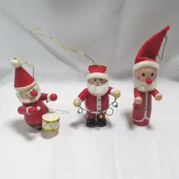 3 VTG Wooden Santa Claus Christmas Ornaments
