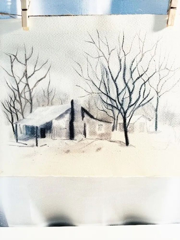 Original Hand Painted Charcoal Drawing Farmhouse Scene Home and Trees | Vintage Black and White Charcoal Artwork Unframed