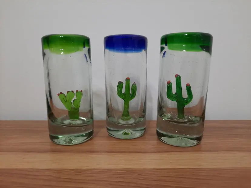 3 Mexican Hand Blown Tall Tequila Shot Glasses 3D Saguaro Cactus Inside Glass