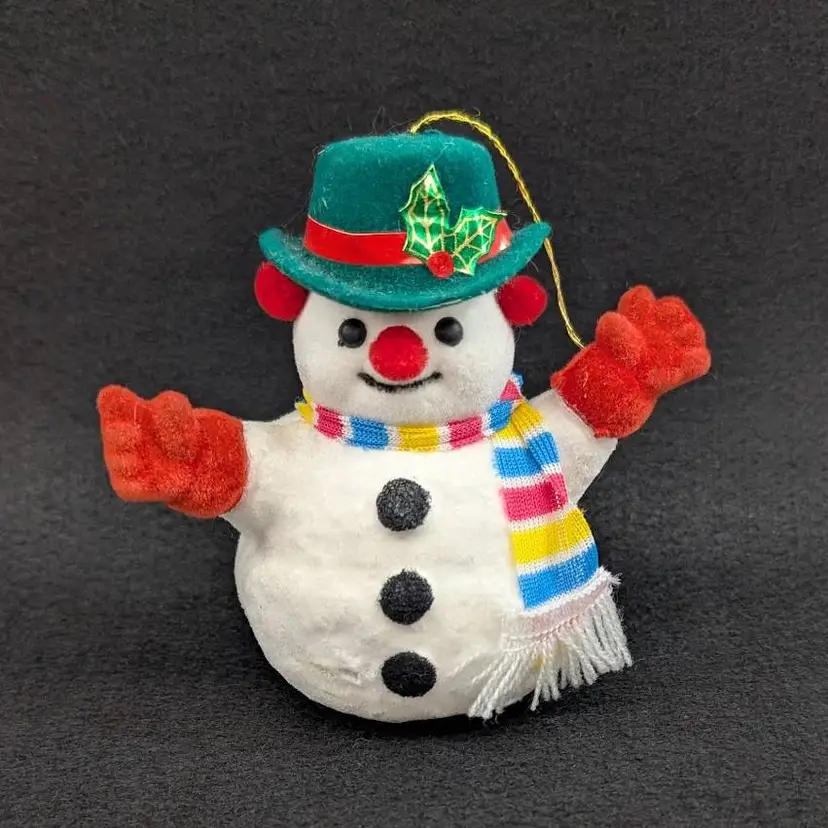 Vintage Plastic Flocked Frosty the Snowman Ornament Mittens Scarf Green Top Hat